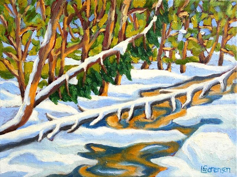 painting of a snow covered fallen tree laying over a creek in the wintertime